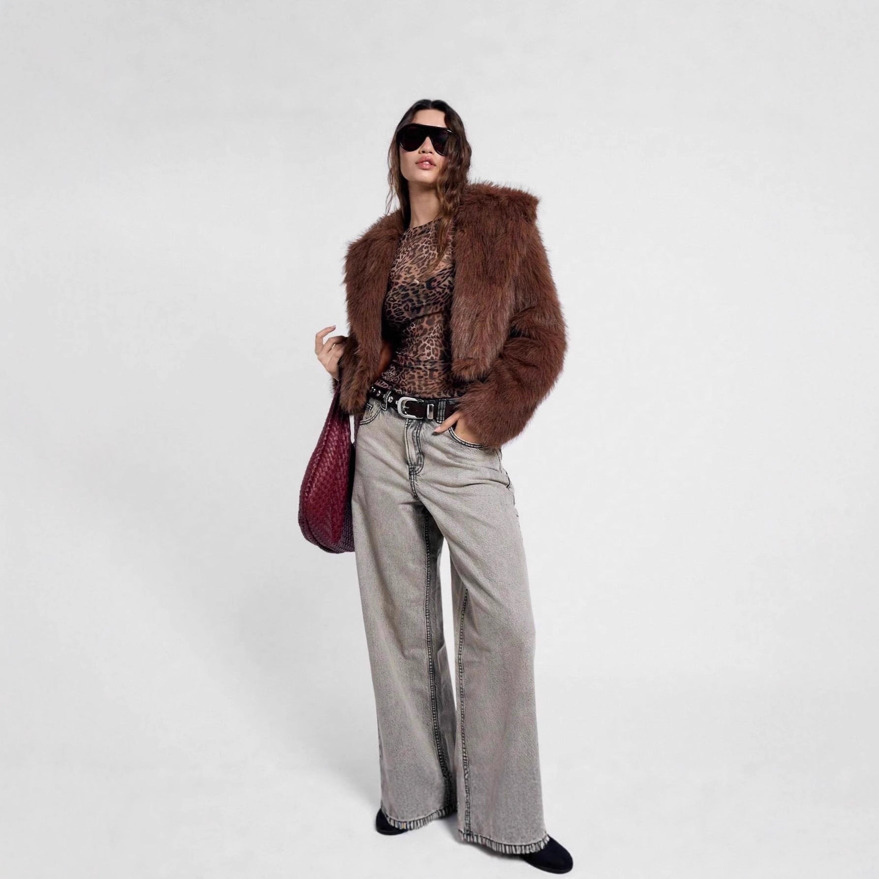 Damen nan figurnahes Netz-Longsleeve mit Leopardenmuster und seitlicher Raffung R&B