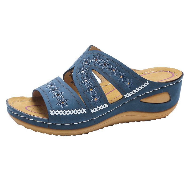 Damen Wedge-Pantoletten mit floralem Stickdesign und anatomischem Fußbett