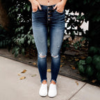 Damen Skinny Jeans mit Button-Fly und modischen Destroyed-Details R&B
