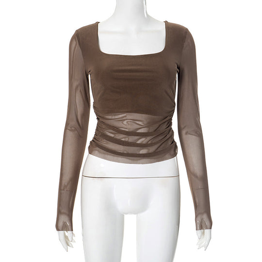Damen Langarmoberteil mit gerafftem Design und elegantem Quadrat-Ausschnitt R&B