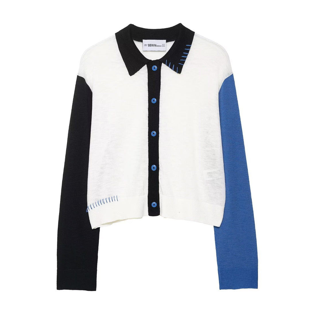 Damen modische Strickjacke mit farblich abgesetzten Ärmeln und Knopfverschluss R&B