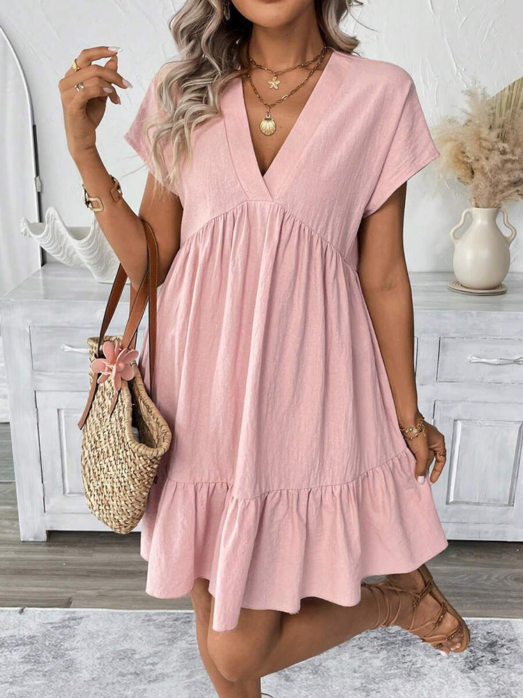 Damen kurzes Sommerkleid mit tiefem V-Ausschnitt und Rüschensaum R&B