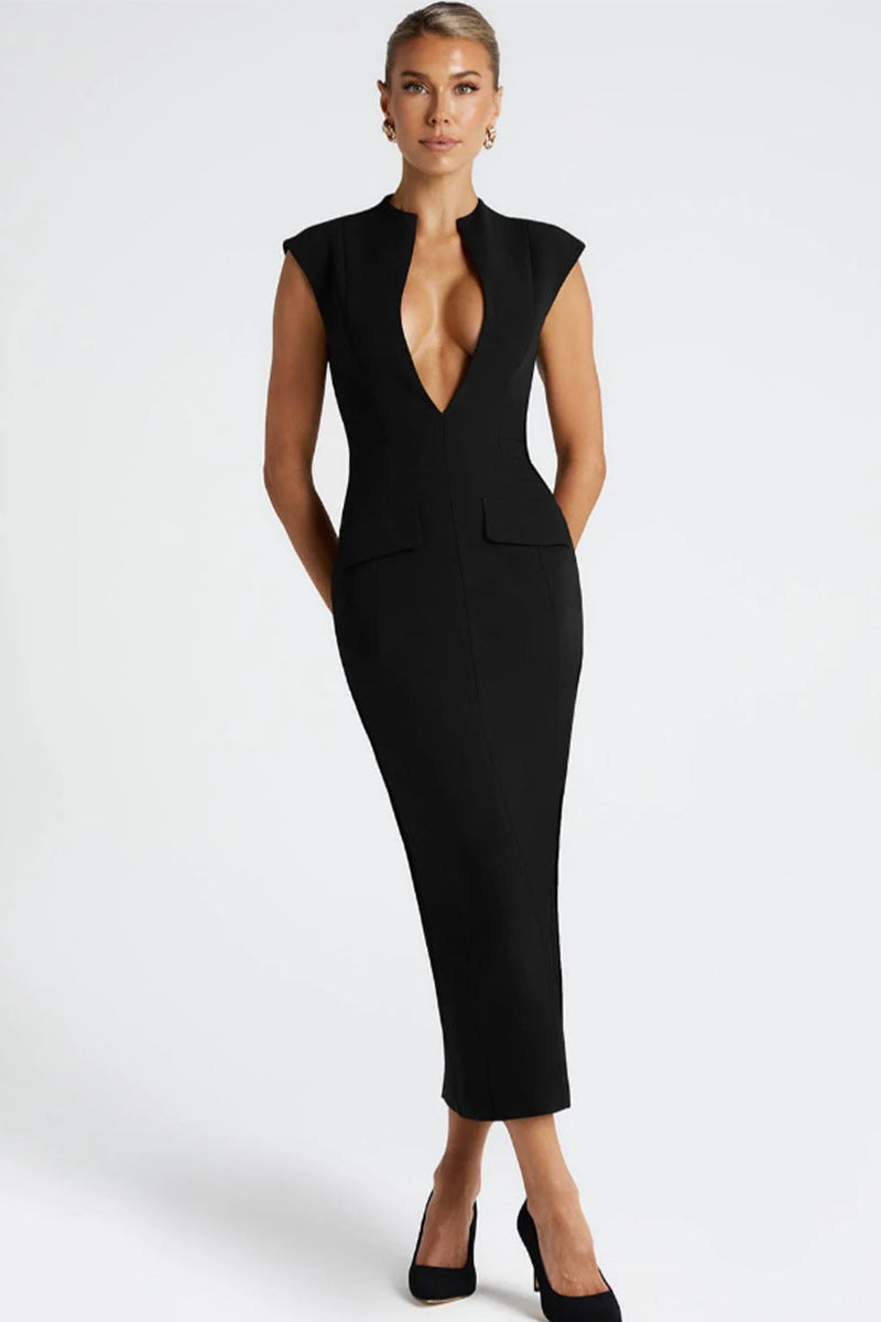 Damen figurbetontes Kleid mit tiefem V-Ausschnitt und eleganten Taschen R&B