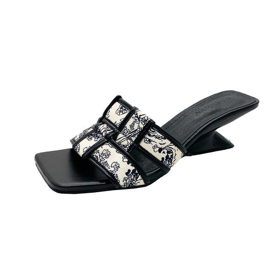 Damen elegante Slingback-Pantoletten mit floralem Druck und breiten Riemen R&B
