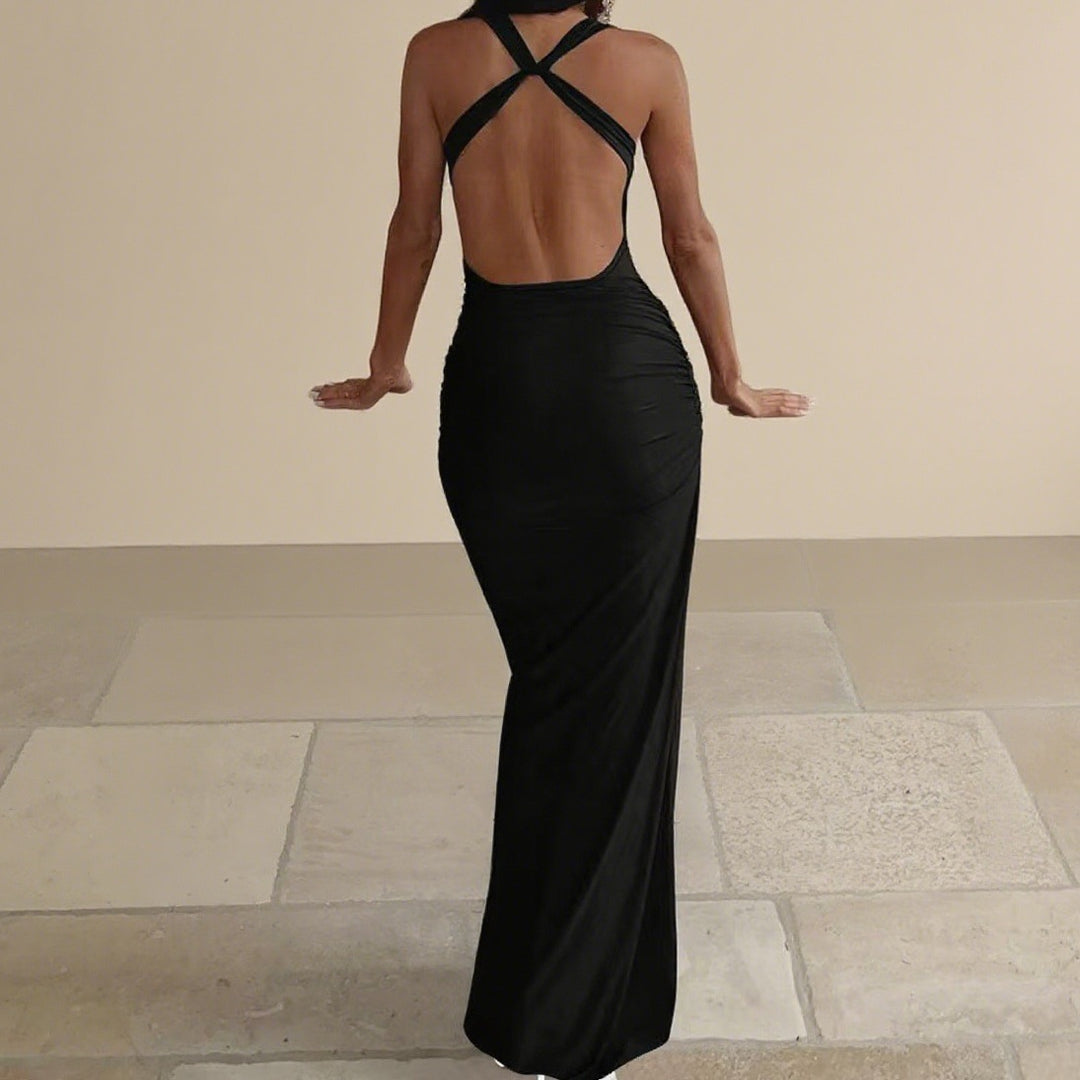 Damen Elegantes figurbetontes Abendkleid mit drapiertem Oberteil und goldenen Trägern R&B