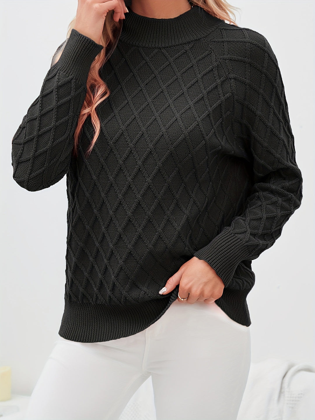 Damen Grobstrickpullover mit Rautenstruktur und Stehkragen R&B