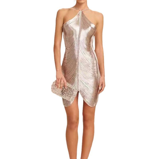 Damen Elegantes Partykleid mit verführerischem Schlitz und goldenen Akzenten R&B