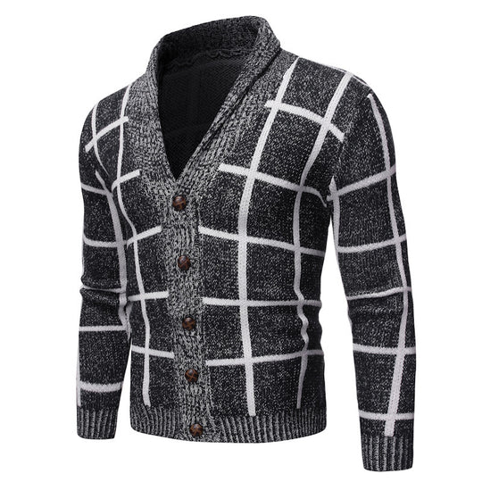 Herren modische Strickjacke mit V-Ausschnitt und modernem Karomuster R&B