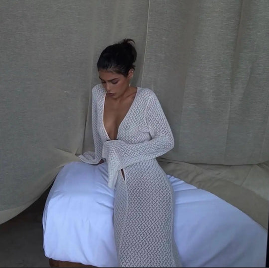 Damen Luxuriöses Netzkleid mit tiefem V-Ausschnitt und langen Ärmeln R&B