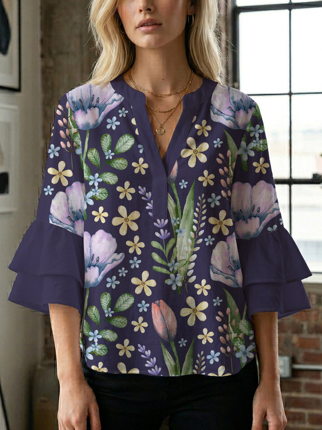 Damen Bluse mit voluminösen Ärmeln und floralem Design R&B
