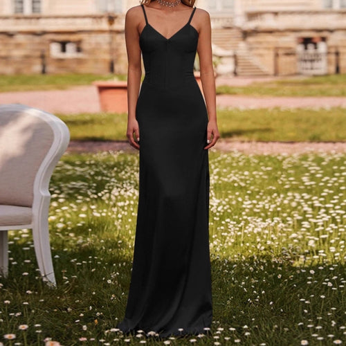 Damen elegantes langes Kleid mit spaghetti Trägern und figurschmeichelndem Schnitt R&B