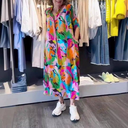 Damen nan Hemdblusen-Maxikleid mit Pop‑Art-Löwenprint, Knopfleiste und Eingrifftaschen R&B