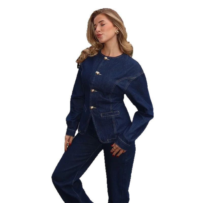 Damen Elegante Jeansjacke mit goldenen Knöpfen und tailliertem Schnitt R&B