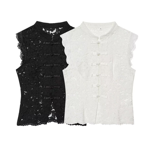 Damen-Spitzenoberteil mit traditionellem Stehkragen und eleganten Knopfdetails R&B