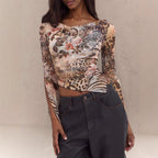 Damen nan asymmetrisches semitransparentes Mesh-Top mit floral-animalischem Muster, gerafftem Rumpf und schulterfreiem Wasserfall-Ausschnitt R&B