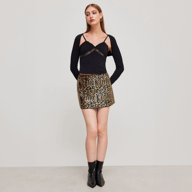 Damen Glitzernder Minirock mit Leopardenmuster und Paillettenbesatz R&B