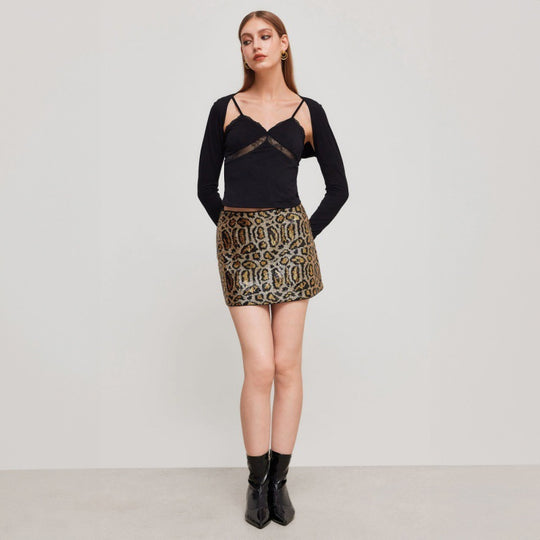 Damen Glitzernder Minirock mit Leopardenmuster und Paillettenbesatz R&B
