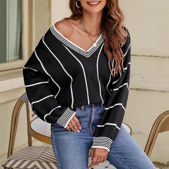 Damen lässiger V-Ausschnitt Pullover mit Streifenmuster R&B