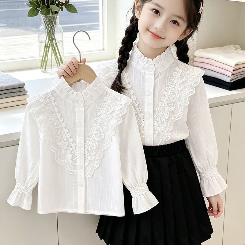 Mädchen elegante Bluse mit Rüschendetails und Spitzenbesatz R&B