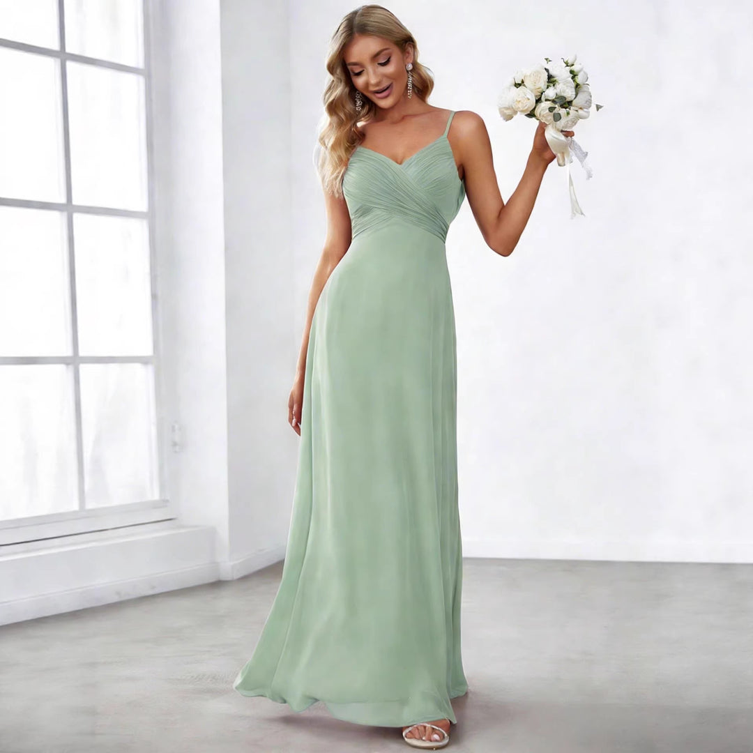 Damen nan fließendes Chiffon-Abendkleid mit überkreuzter Drapage, Empire-Taille und feinen Spaghettiträgern R&B