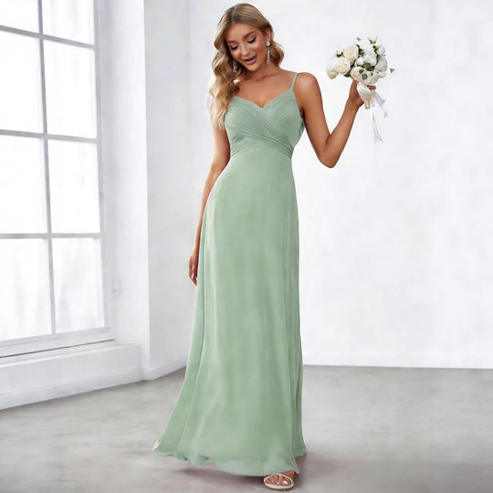 Damen nan fließendes Chiffon-Abendkleid mit überkreuzter Drapage, Empire-Taille und feinen Spaghettiträgern R&B