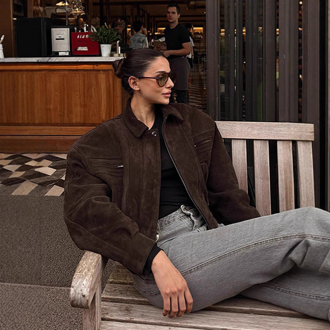 Damen modische Suede-Bomberjacke mit voluminösen Ärmeln R&B