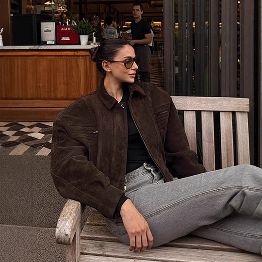 Damen modische Suede-Bomberjacke mit voluminösen Ärmeln R&B