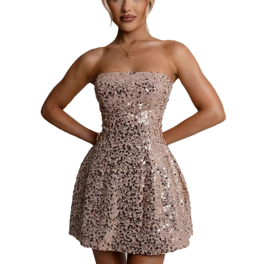 Damen Cocktailkleid mit funkelnden Pailletten und schulterfreiem Design R&B