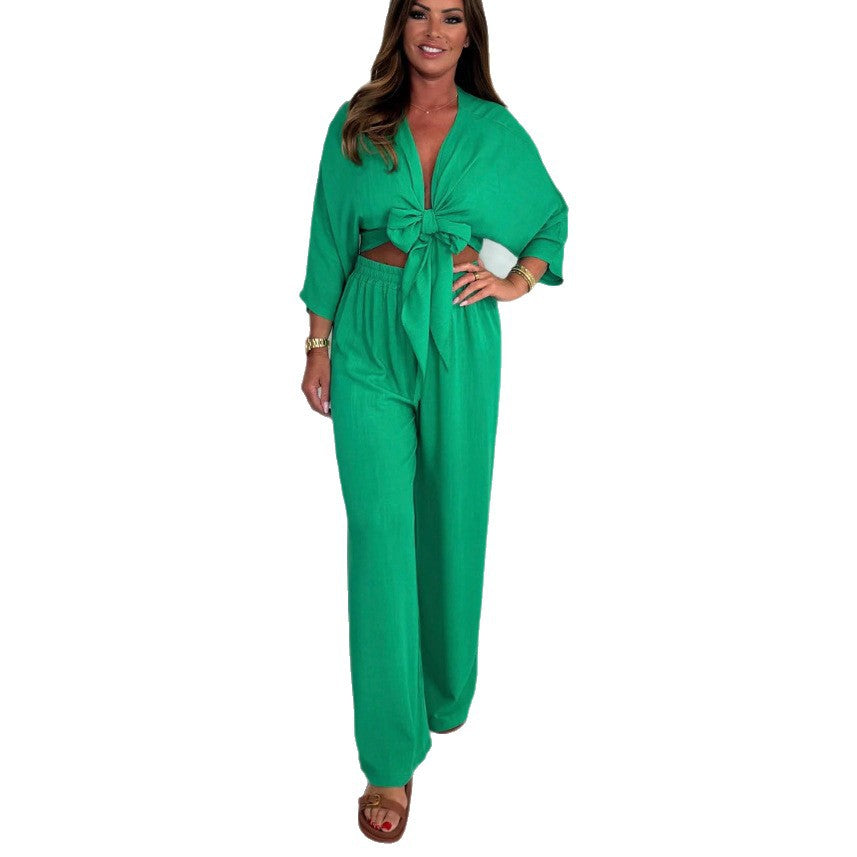 Damen Eleganter Jumpsuit mit verspieltem Knoten und weit geschnittenen Beinen R&B