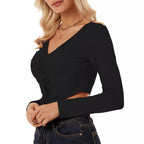 Damen Cropped Langarmshirt mit raffinierter Raffung R&B