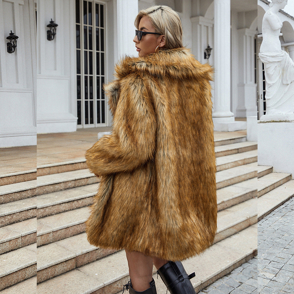 Damen Flauschiger Kunstfellmantel mit weitem Schnitt und elegantem Kragen R&B