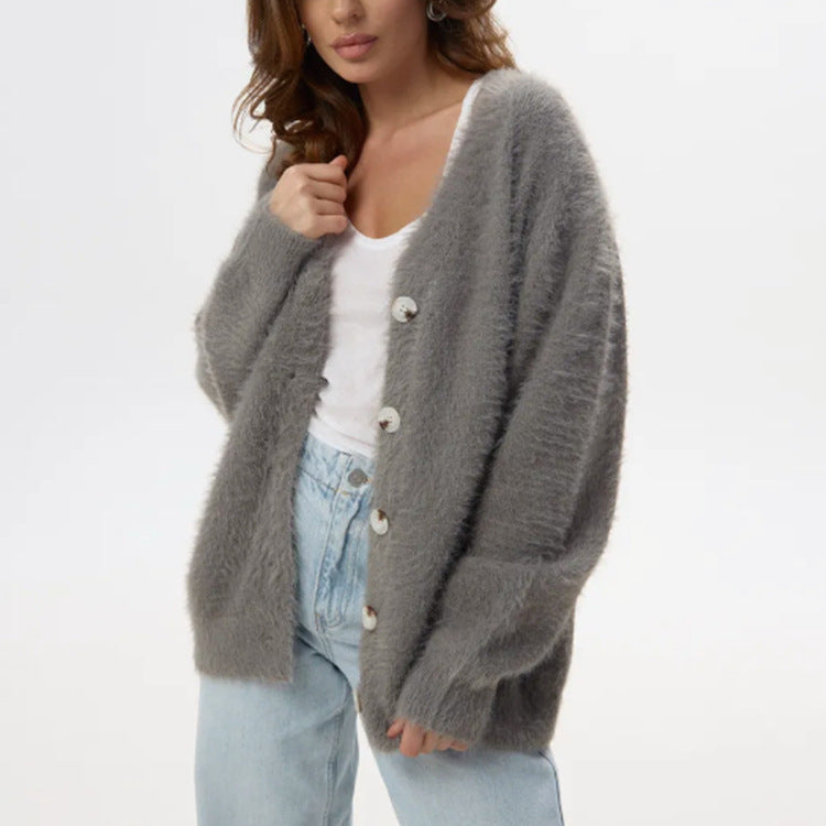 Damen Flauschiger Cardigan mit Perlknöpfen und lockerer Passform