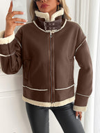 Damen stylische Kunstlederjacke mit Schaffellkragen R&B