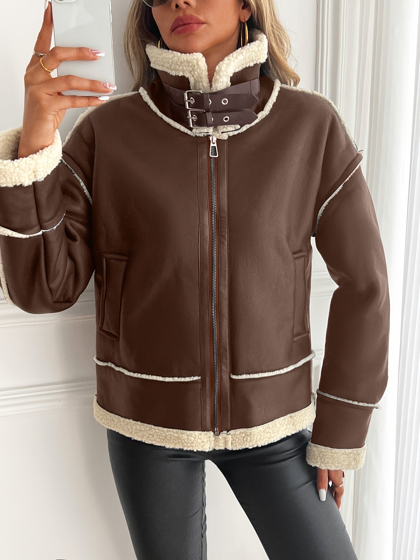 Damen stylische Kunstlederjacke mit Schaffellkragen R&B