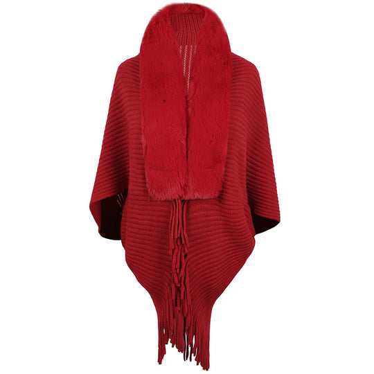 Damen luxuriöser Strickponcho mit elegantem Kunstfellkragen und Fransen R&B