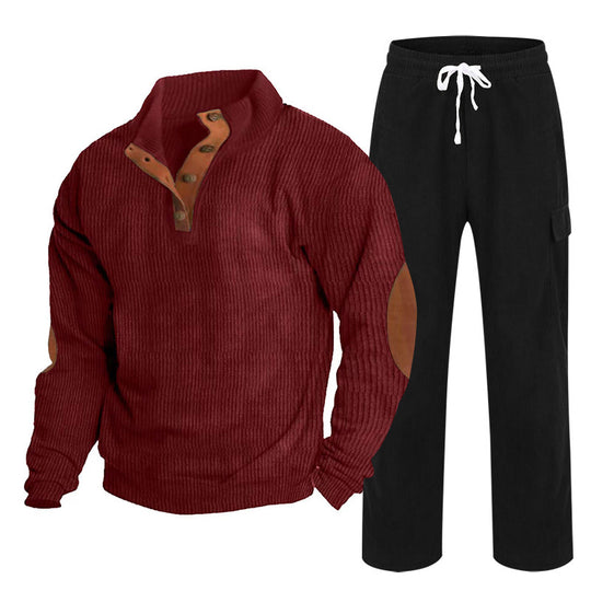 Herren nan Strick-Freizeitset mit Knopfleiste und Ellenbogenaufnähern sowie Cord-Cargohose R&B