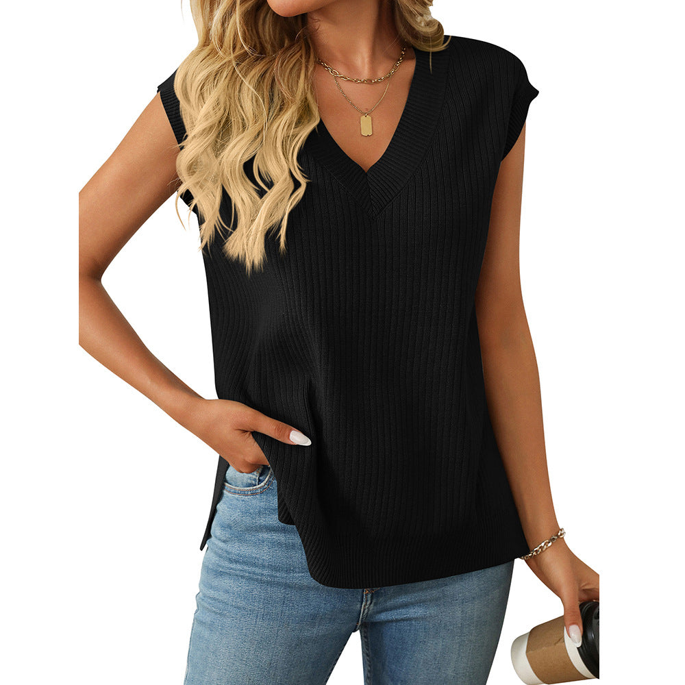 Damen elegantes Stricktop mit V-Ausschnitt und feiner Rippstruktur R&B