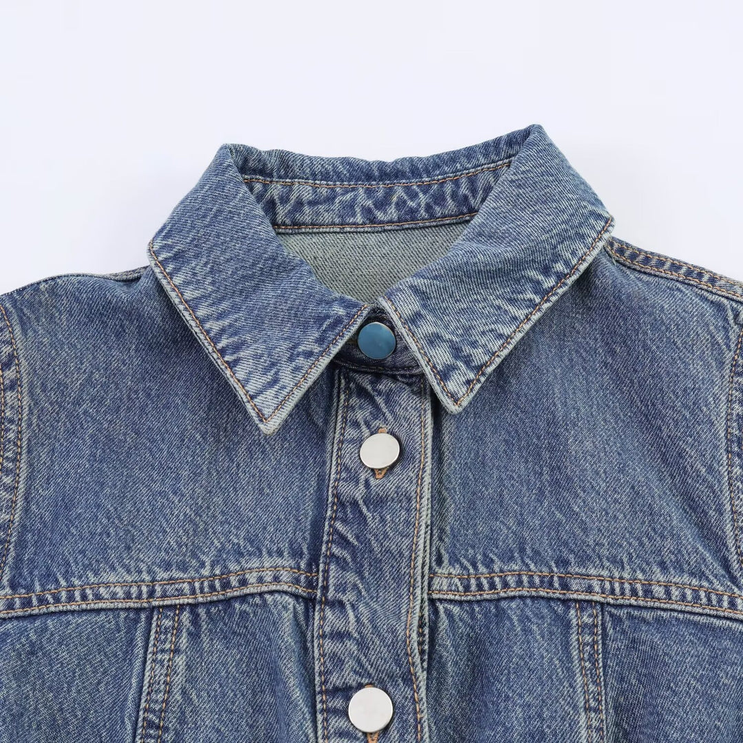 Damen Jeanskleid mit Taillengürtel und Kurzarm R&B
