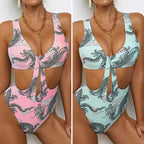 Damen Cut-Out Badeanzug mit elegantem V-Ausschnitt und grafischem Drachenmuster R&B