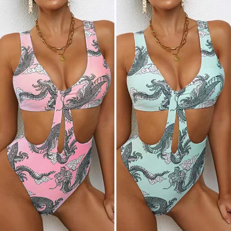 Damen Cut-Out Badeanzug mit elegantem V-Ausschnitt und grafischem Drachenmuster R&B