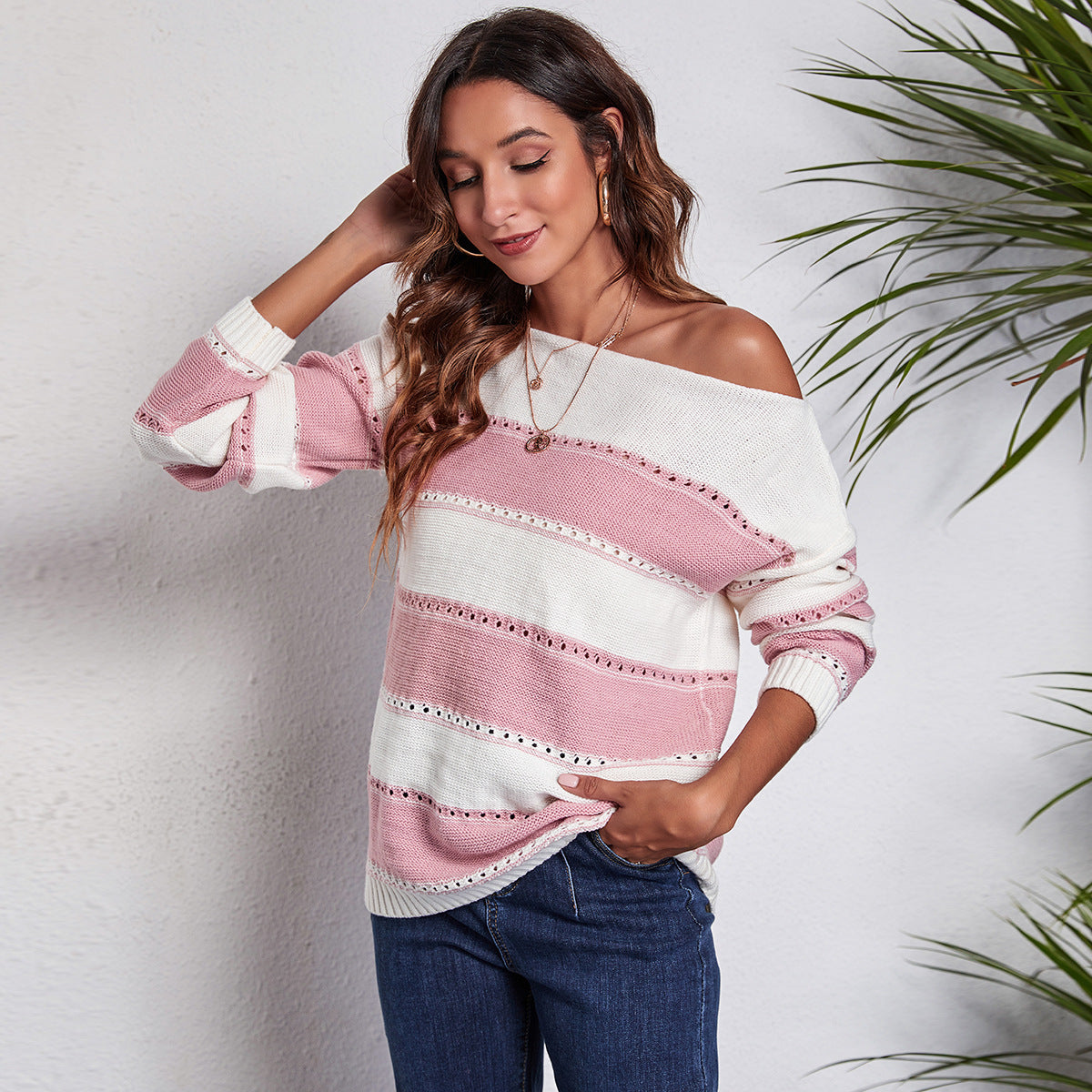 Damen Lässiger Strickpullover mit trendigem Streifenmuster und funkelnden Details R&B
