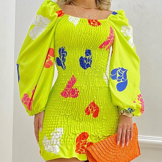 Damen Minikleid mit Puffärmeln und floralem Faltenmuster R&B
