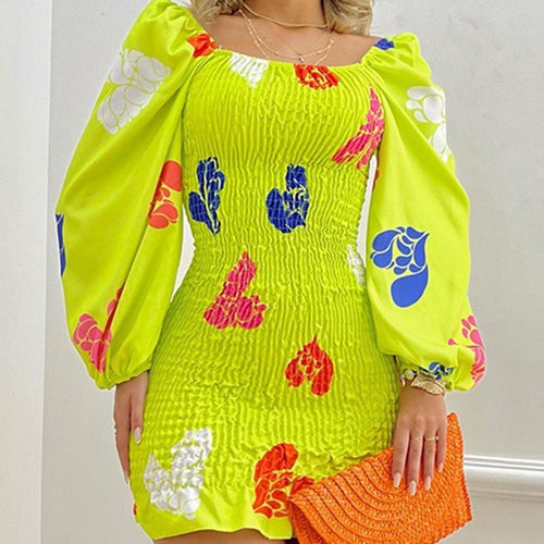 Damen Minikleid mit Puffärmeln und floralem Faltenmuster R&B