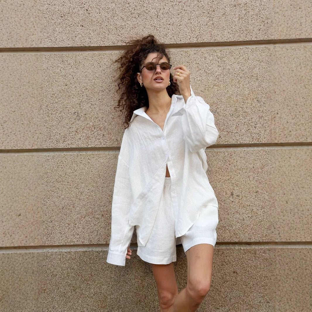Damen lässige Leinenbluse und Shorts Set R&B