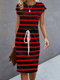 Damen Freizeitleinenkleid mit bunten Streifen und verstellbarem Taillenzug R&B