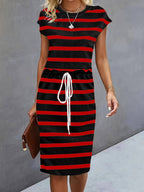 Damen Freizeitleinenkleid mit bunten Streifen und verstellbarem Taillenzug R&B