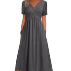 Damen nan luftiges V-Ausschnitt Midikleid mit überkreuzter Brustpartie, kurzen Ärmeln und Eingrifftaschen R&B