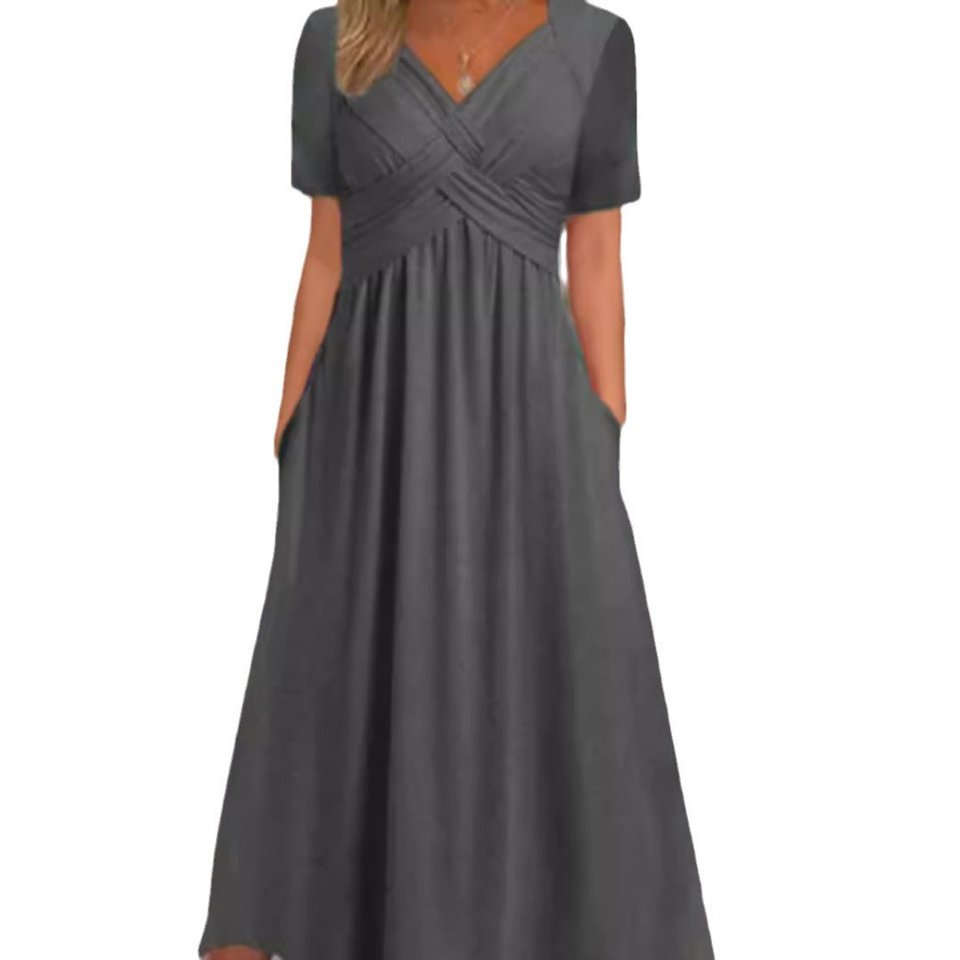 Damen nan luftiges V-Ausschnitt Midikleid mit überkreuzter Brustpartie, kurzen Ärmeln und Eingrifftaschen R&B