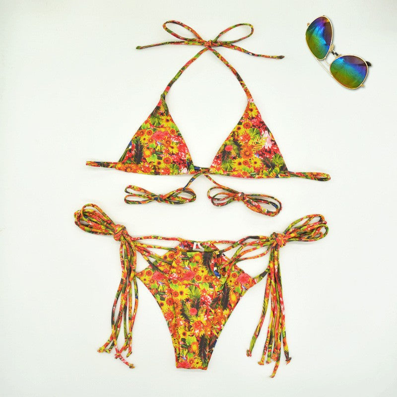 Damen Triangel-Bikini mit verstellbaren Riemen und fröhlichem Blumenmuster R&B