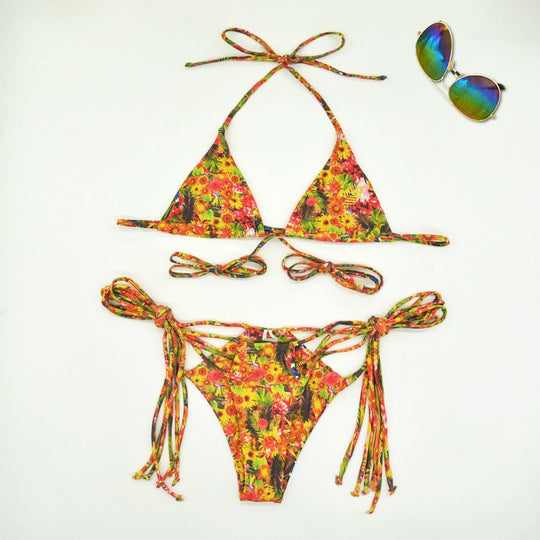 Damen Triangel-Bikini mit verstellbaren Riemen und fröhlichem Blumenmuster R&B